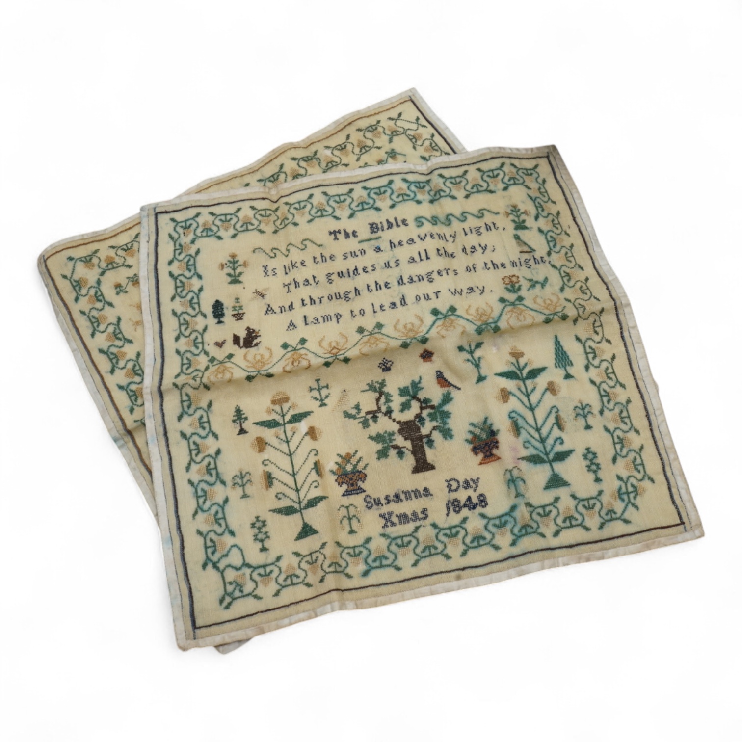 Two unframed large samplers, by Susanna and Ann Elizabeth Day, (sisters) both dated 1848. Two other unframed simpler alphabet samplers both by Florence Emily Day, dated 1876 and 1878. (4)